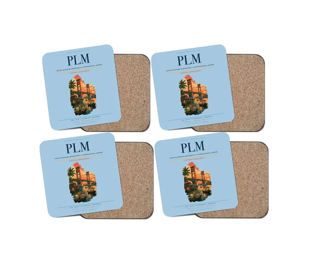Sultan Mahmud Badaruddin II International Airport (PLM) design on light blue 4 pieces set coaster