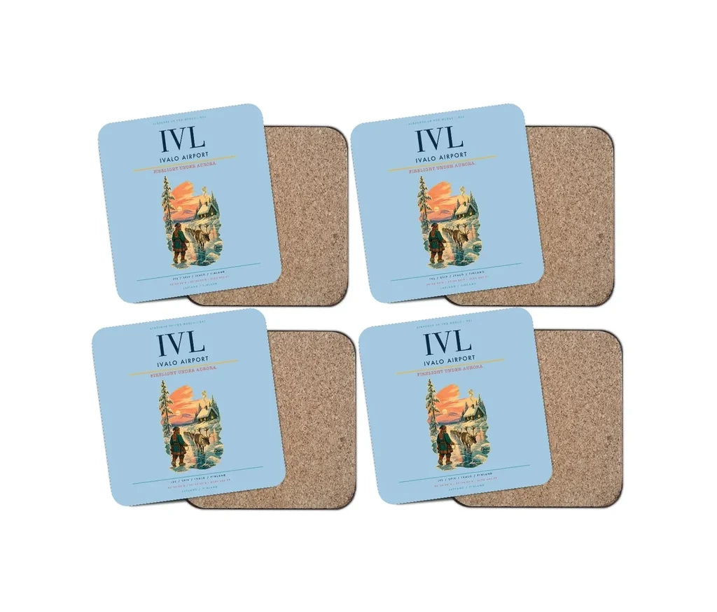 Ivalo Airport (IVL) design on light blue 4 pieces set coaster
