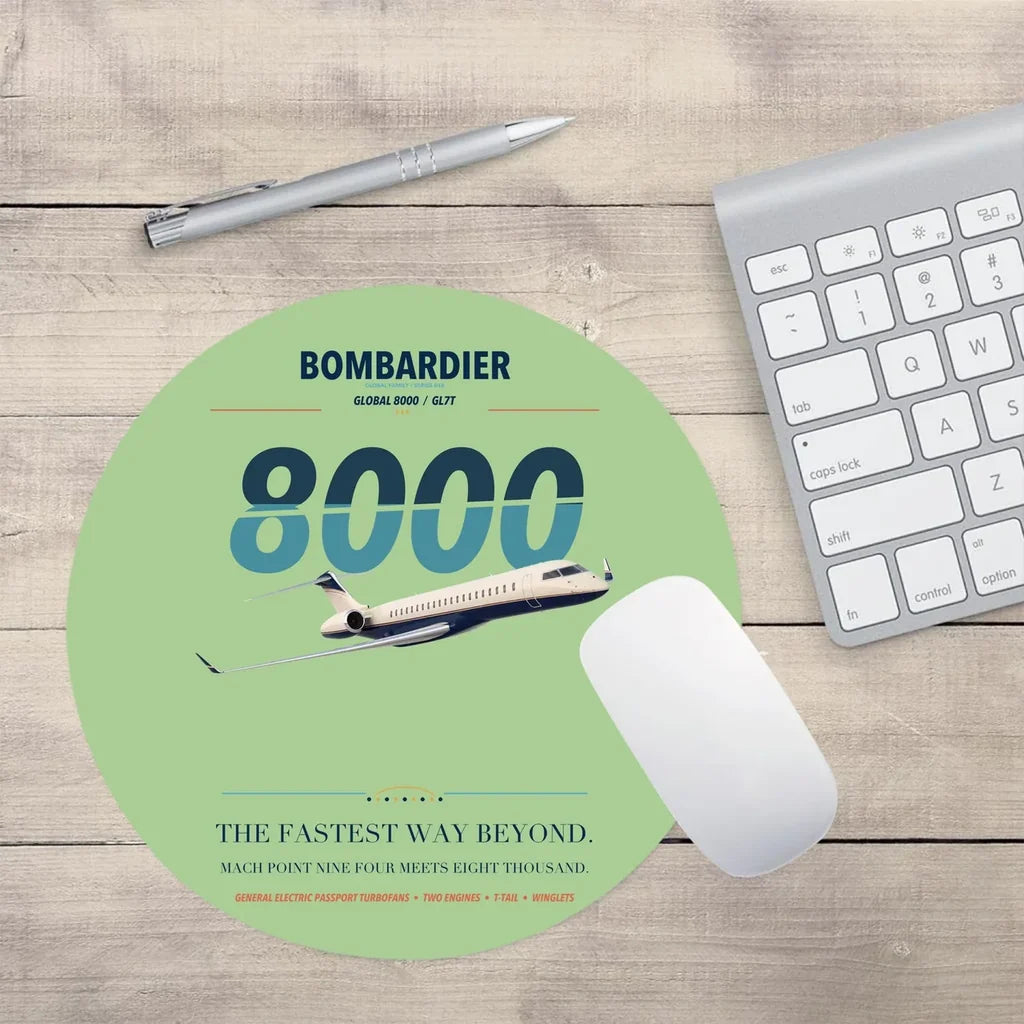 Bombardier Global 8000 design on light green round mouse pad