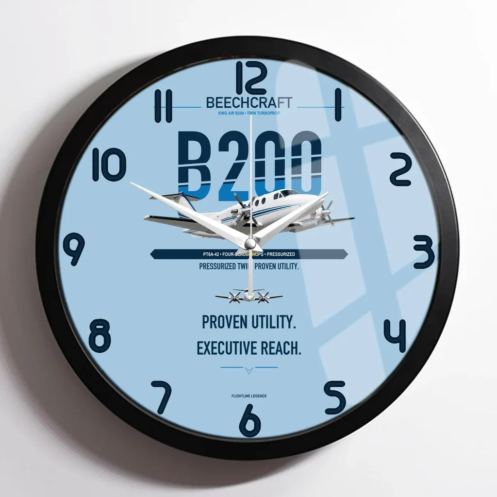 Beechcraft King Air B200 design on light blue framed wall clock