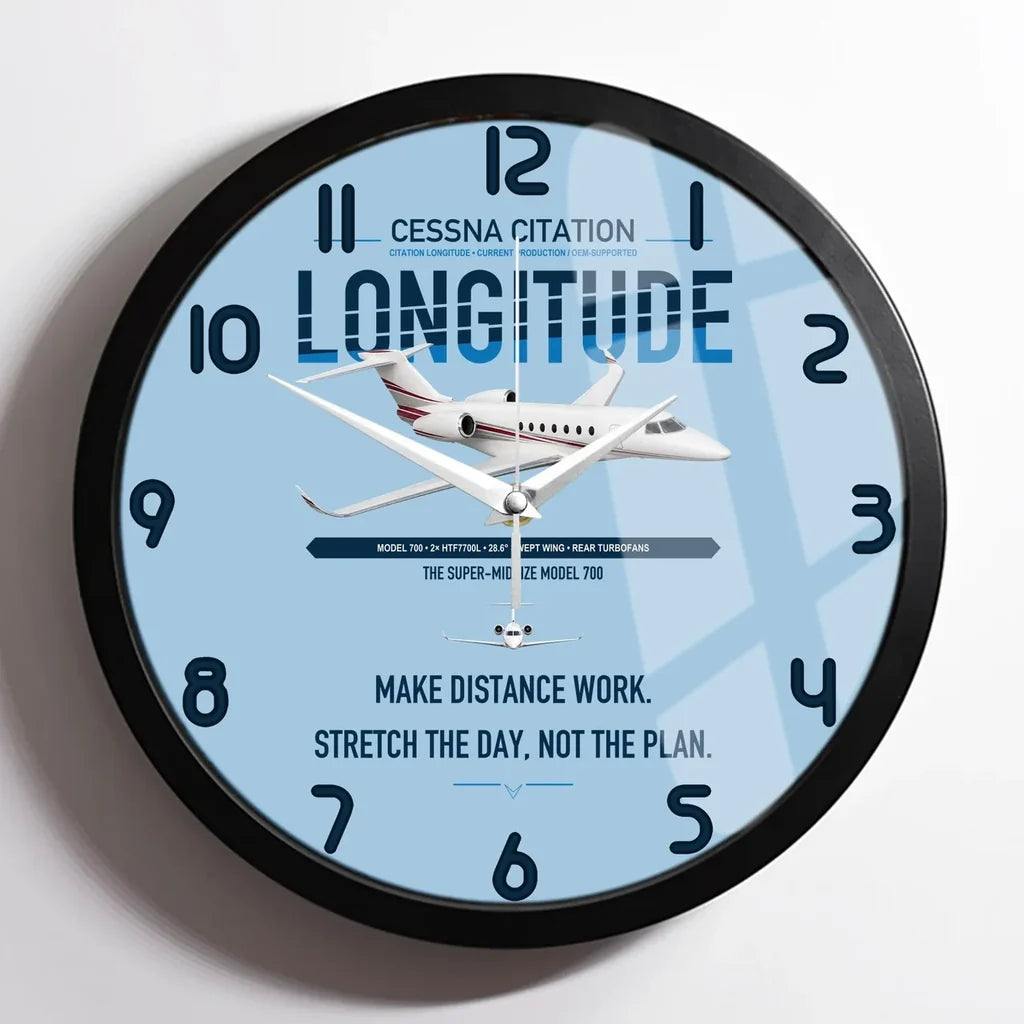 Cessna Citation Longitude design on light blue framed wall clock