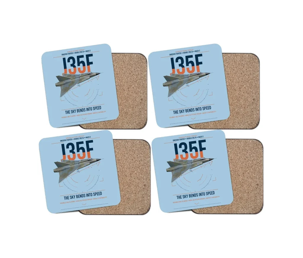 Saab J 35F Draken design on light blue 4 pieces set coaster