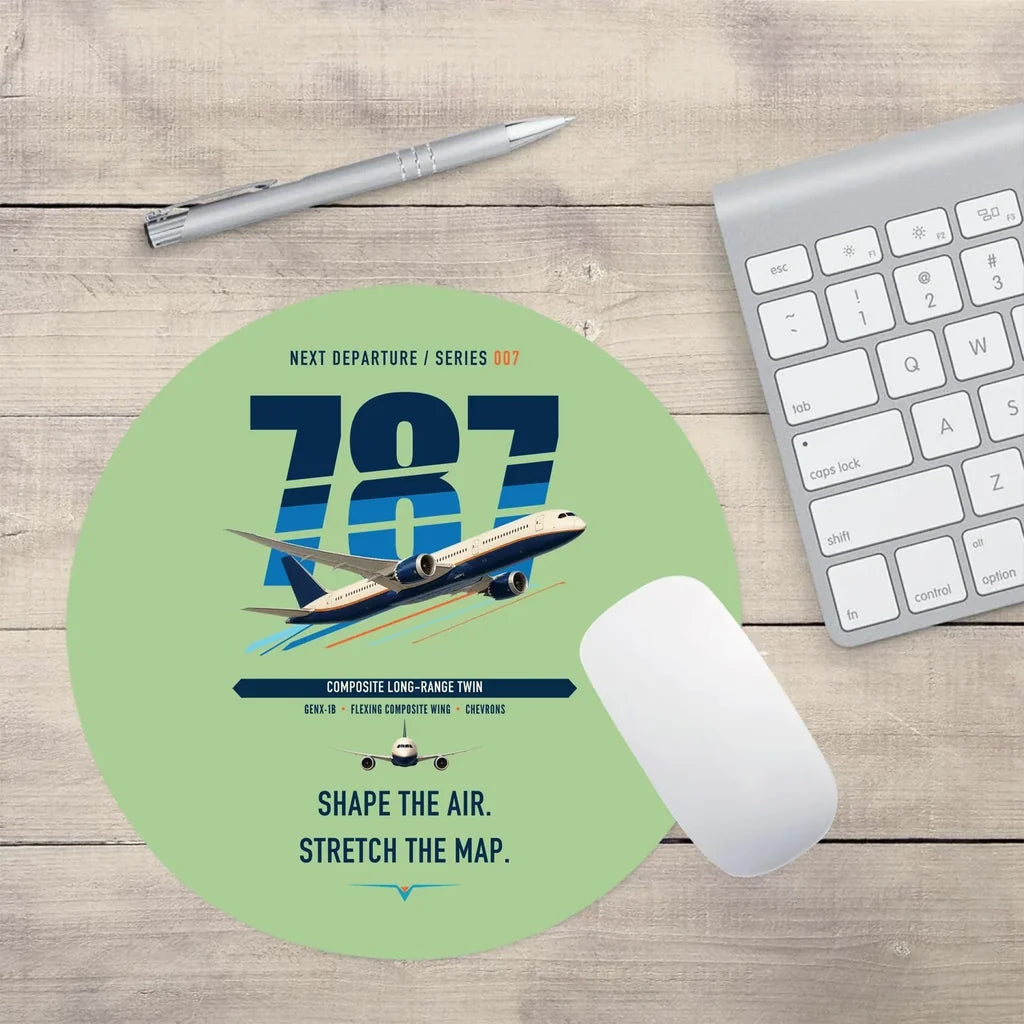 Boeing 787-9 Dreamliner design on light green round mouse pad