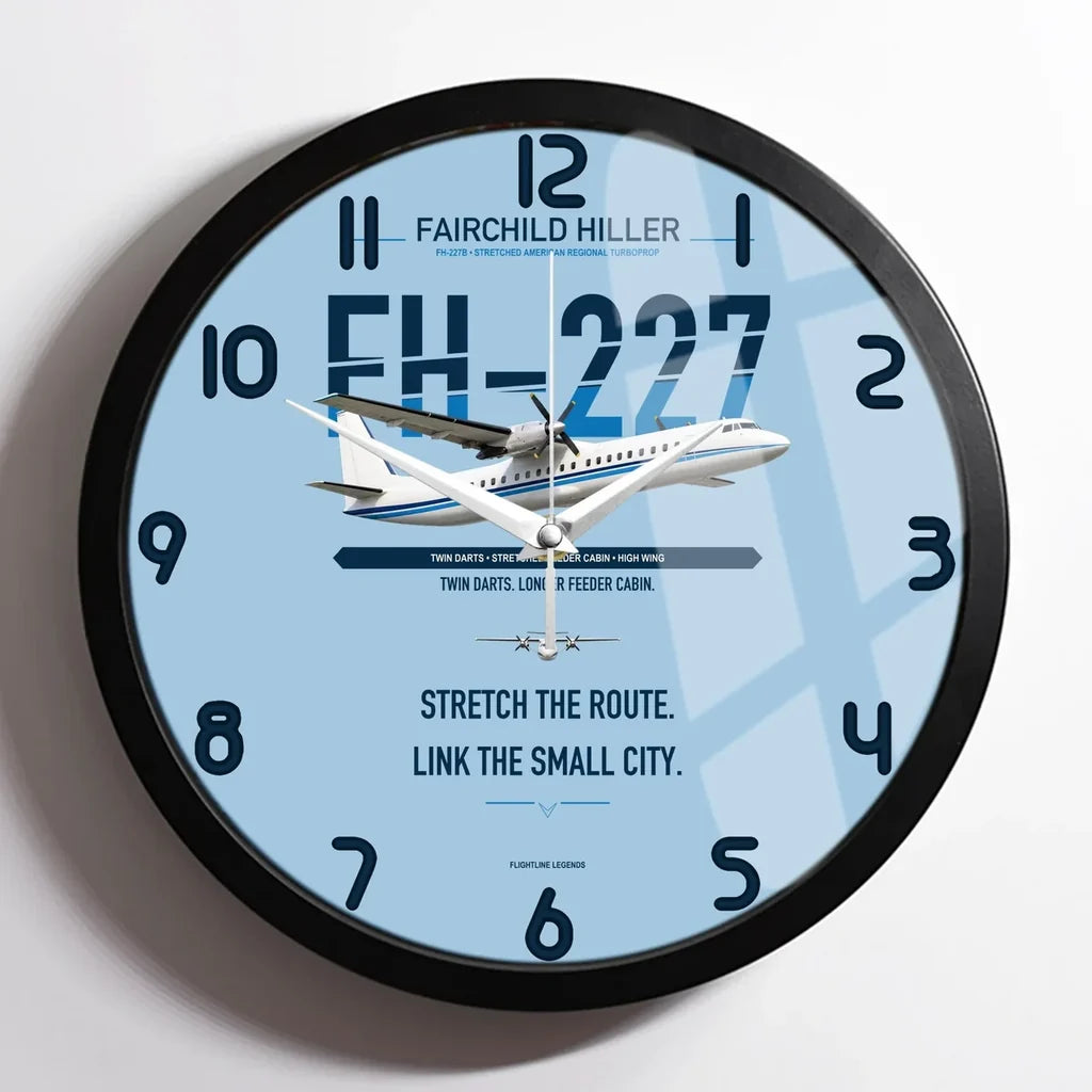 Fairchild Hiller FH-227B design on light blue framed wall clock