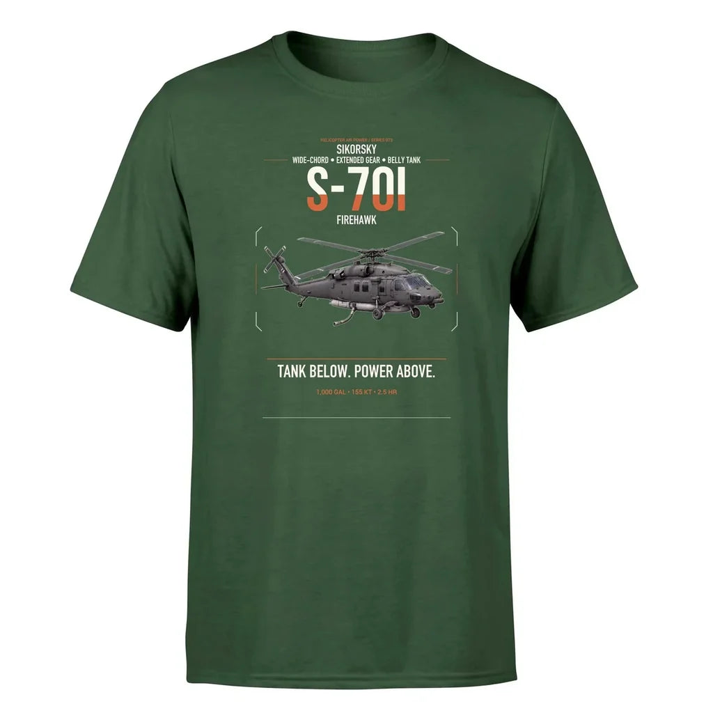 Sikorsky S-70i FIREHAWK design on dark green t-shirt, single-side print