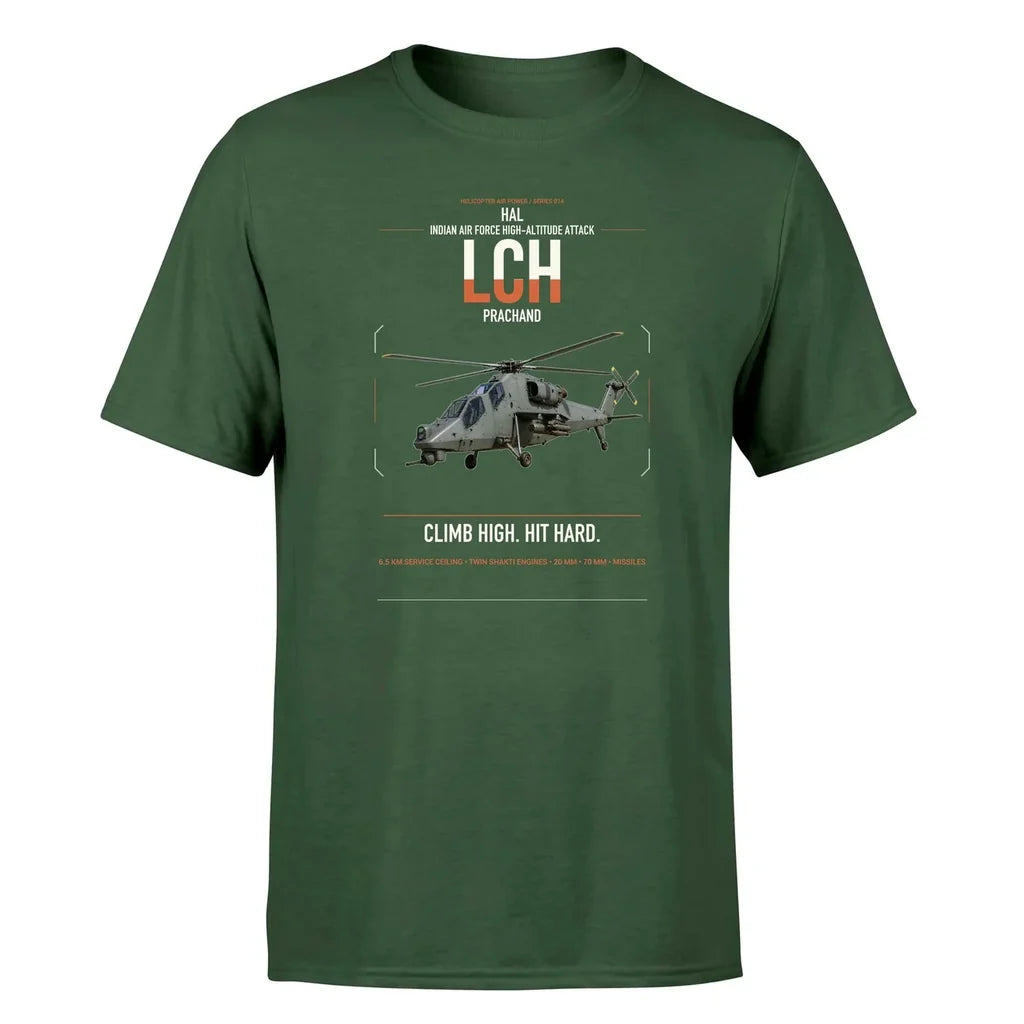 HAL LCH Prachand design on dark green t-shirt, single-side print