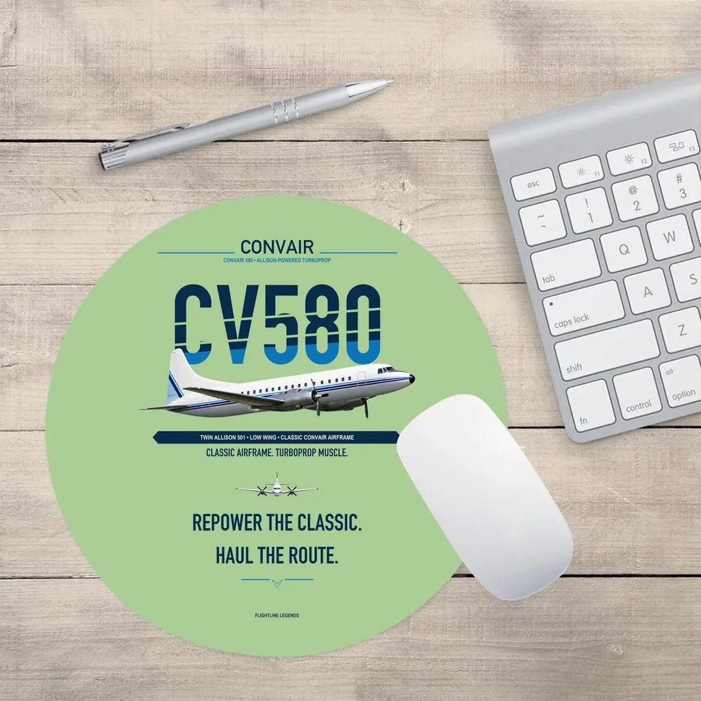 Convair 580 design on light green round mouse pad