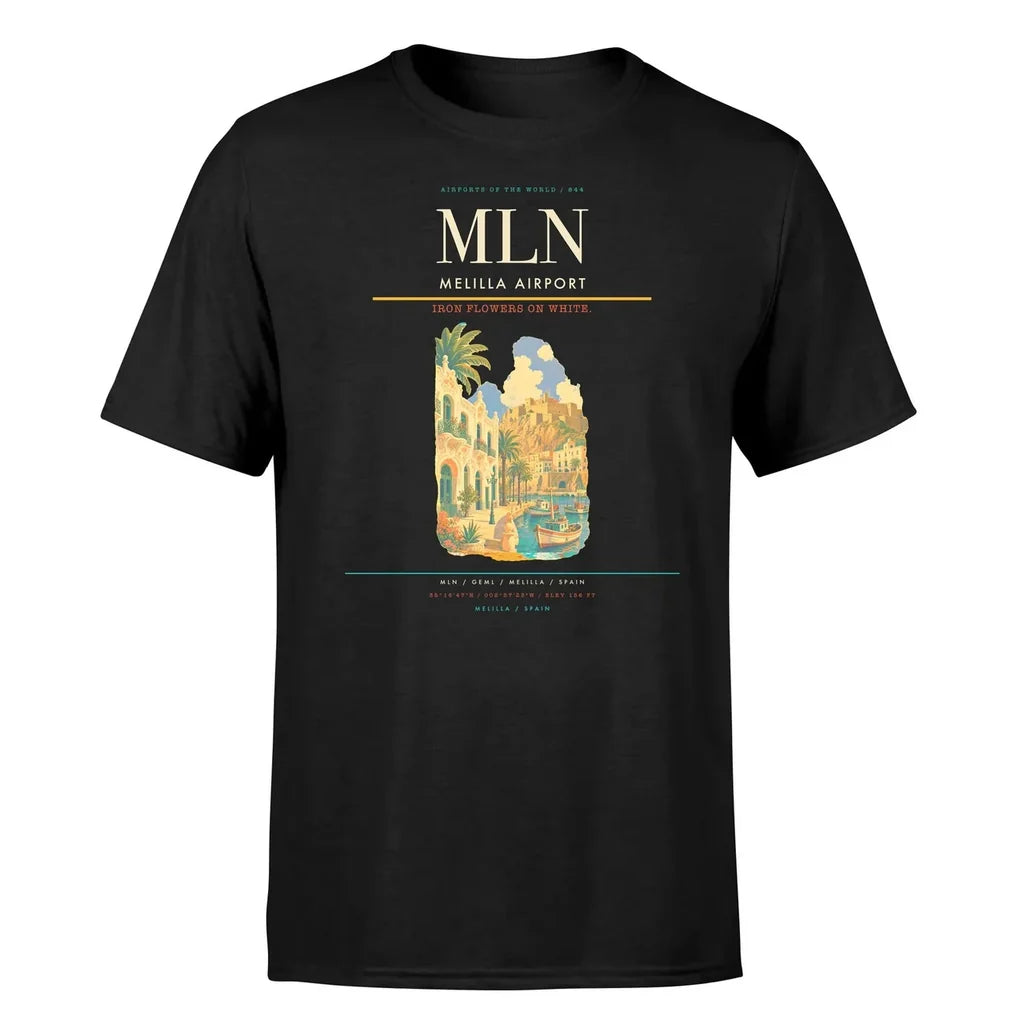 Melilla Airport (MLN) T-Shirt single-side front print in Black | melilla-airport-mln-double-side-t-shirt