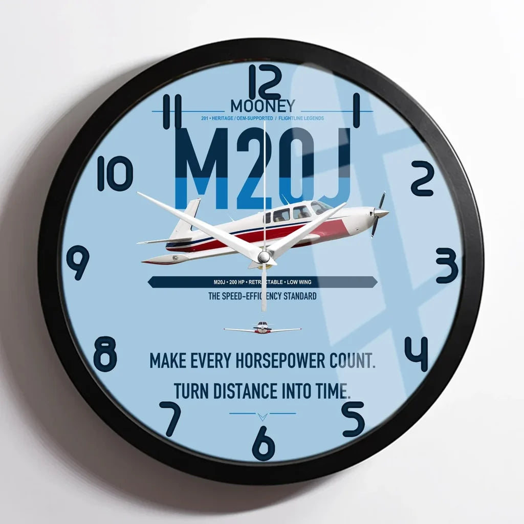 Mooney M20J 201 design on light blue framed wall clock