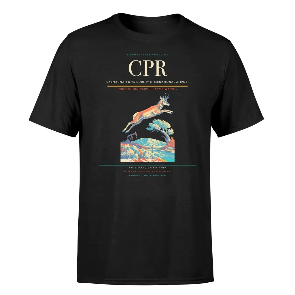 Casper–Natrona County International Airport (CPR) T-Shirt single-side front print in Black | caspernatrona-county-international-airport-cpr-double-side-t-shirt