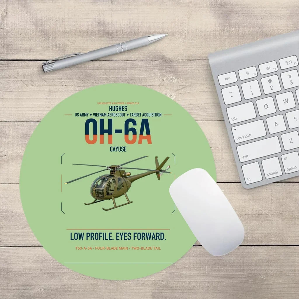 Hughes OH-6A Cayuse design on light green round mouse pad