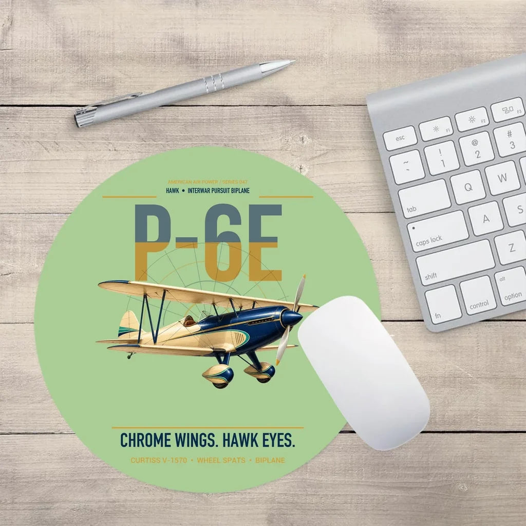 Curtiss P-6E Hawk design on light green round mouse pad