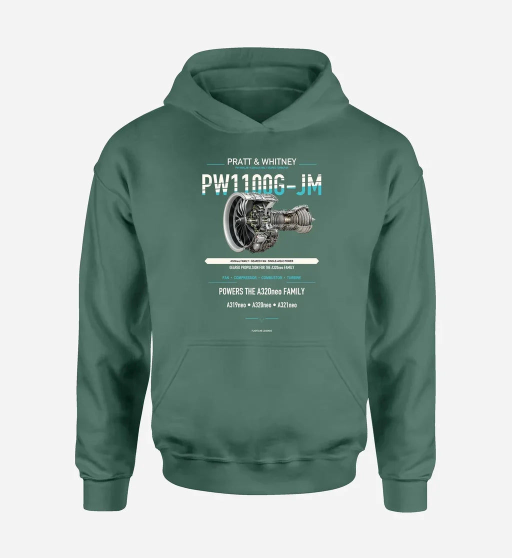 PW1100G-JM design on green hoodie single side
