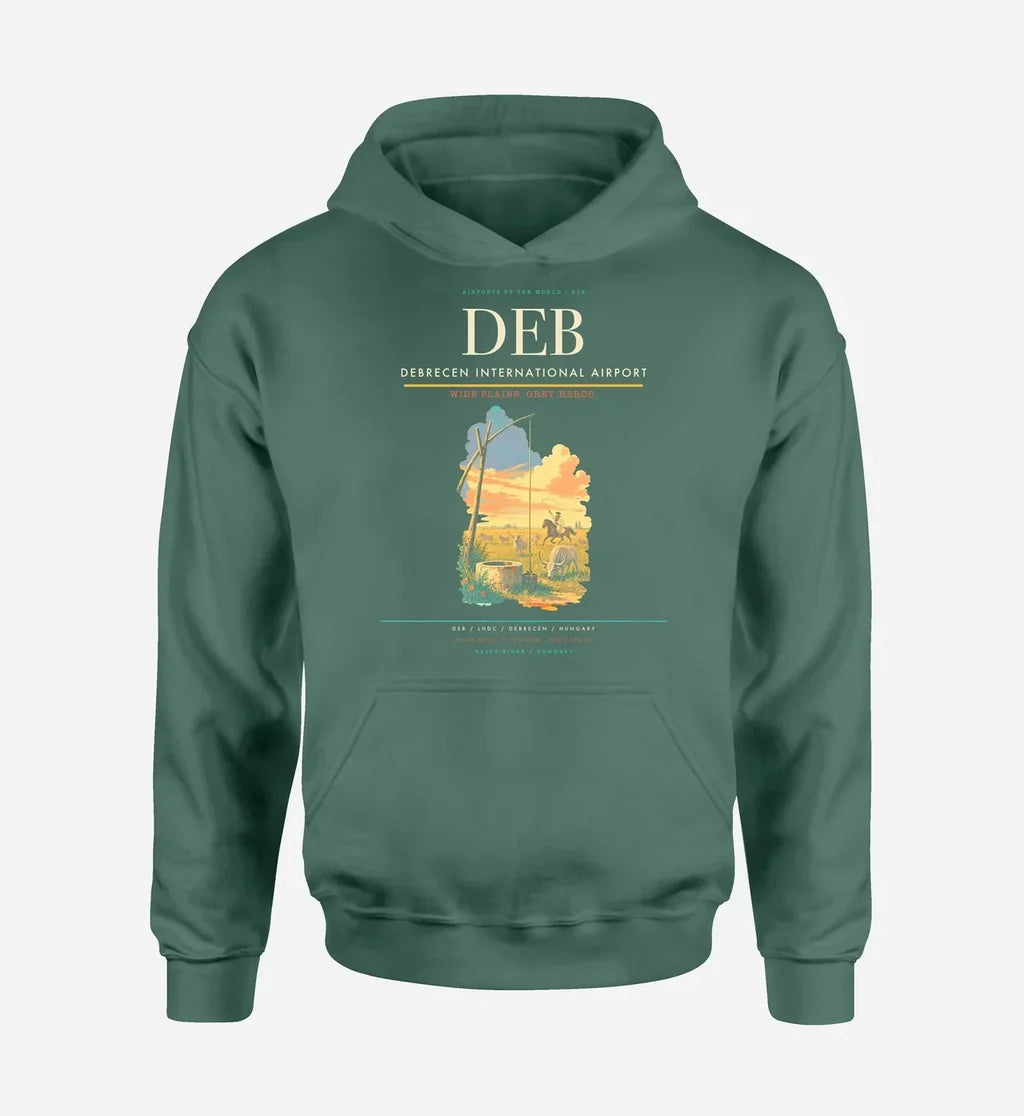 Debrecen International Airport (DEB) design on green hoodie single-side print