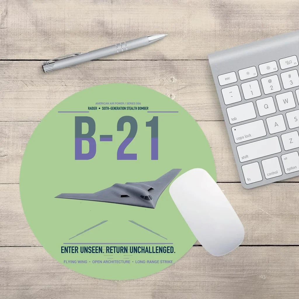 B-21 Raider design on light green round mouse pad