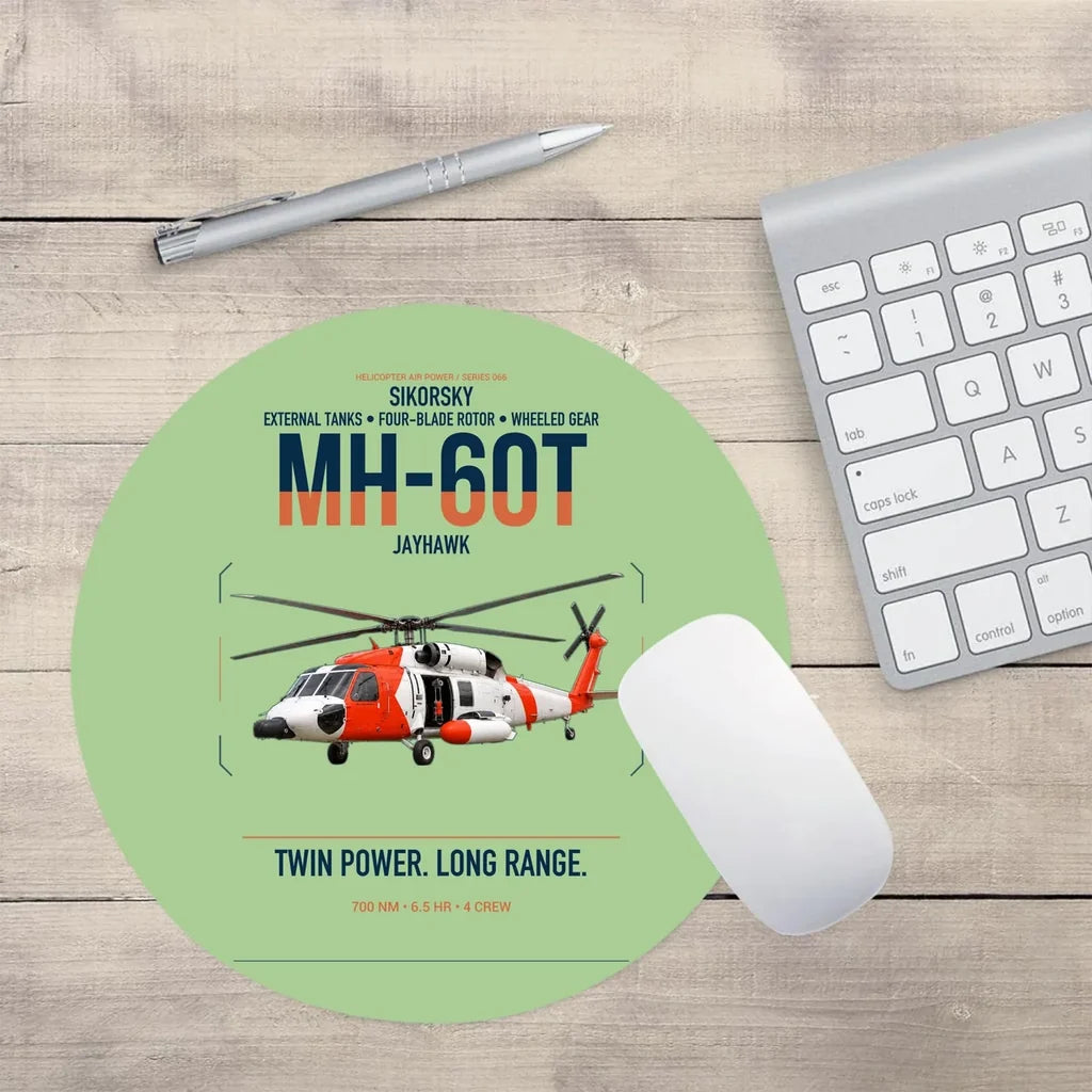 Sikorsky MH-60T Jayhawk design on light green round mouse pad