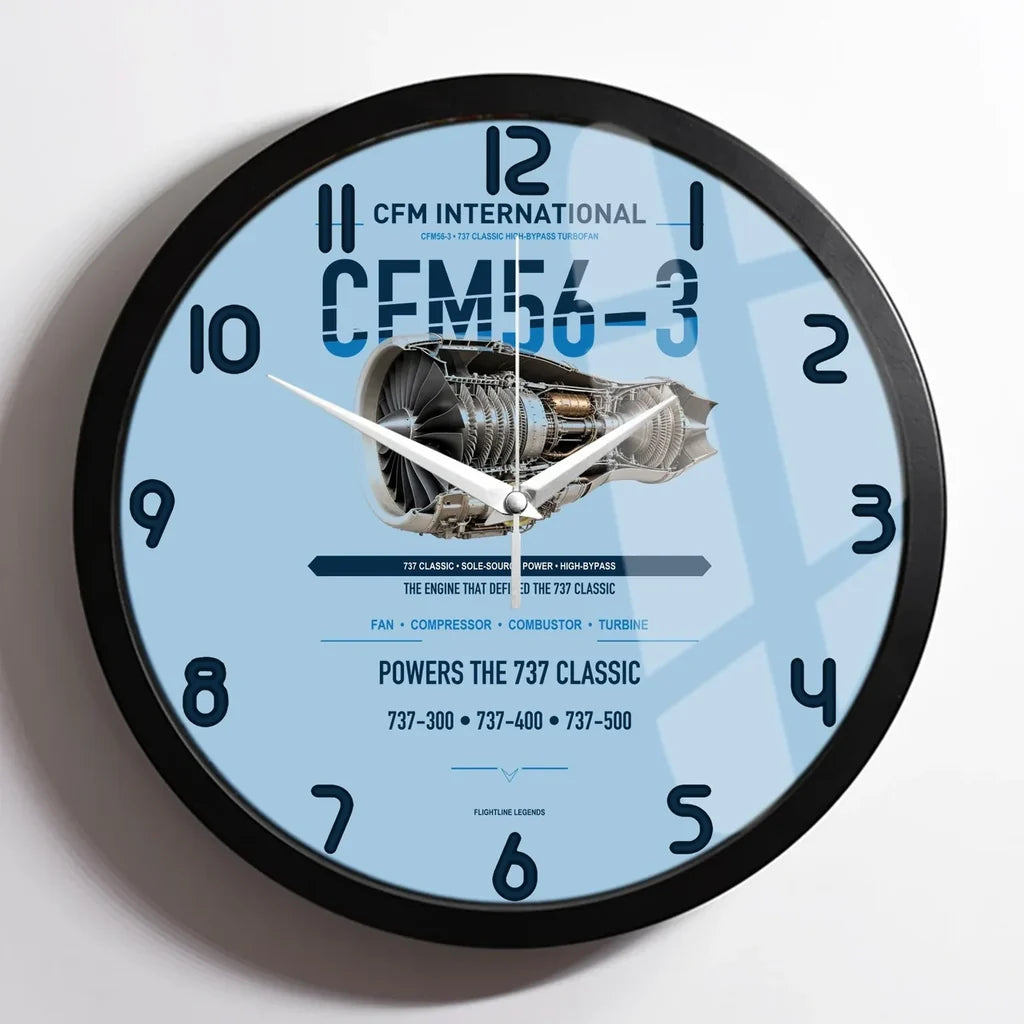 CFM56-3 design on light blue framed wall clock