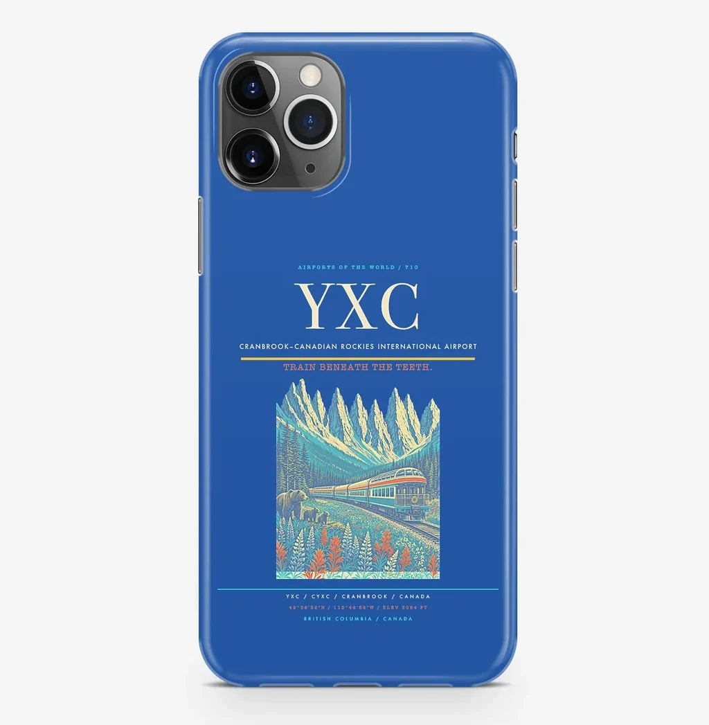 Cranbrook Airport (YXC) design on blue iPhone 16 Pro MagSafe case