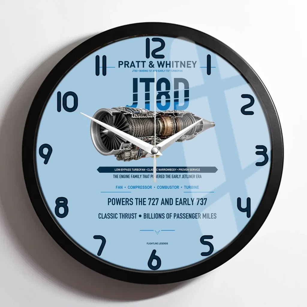 JT8D design on light blue framed wall clock