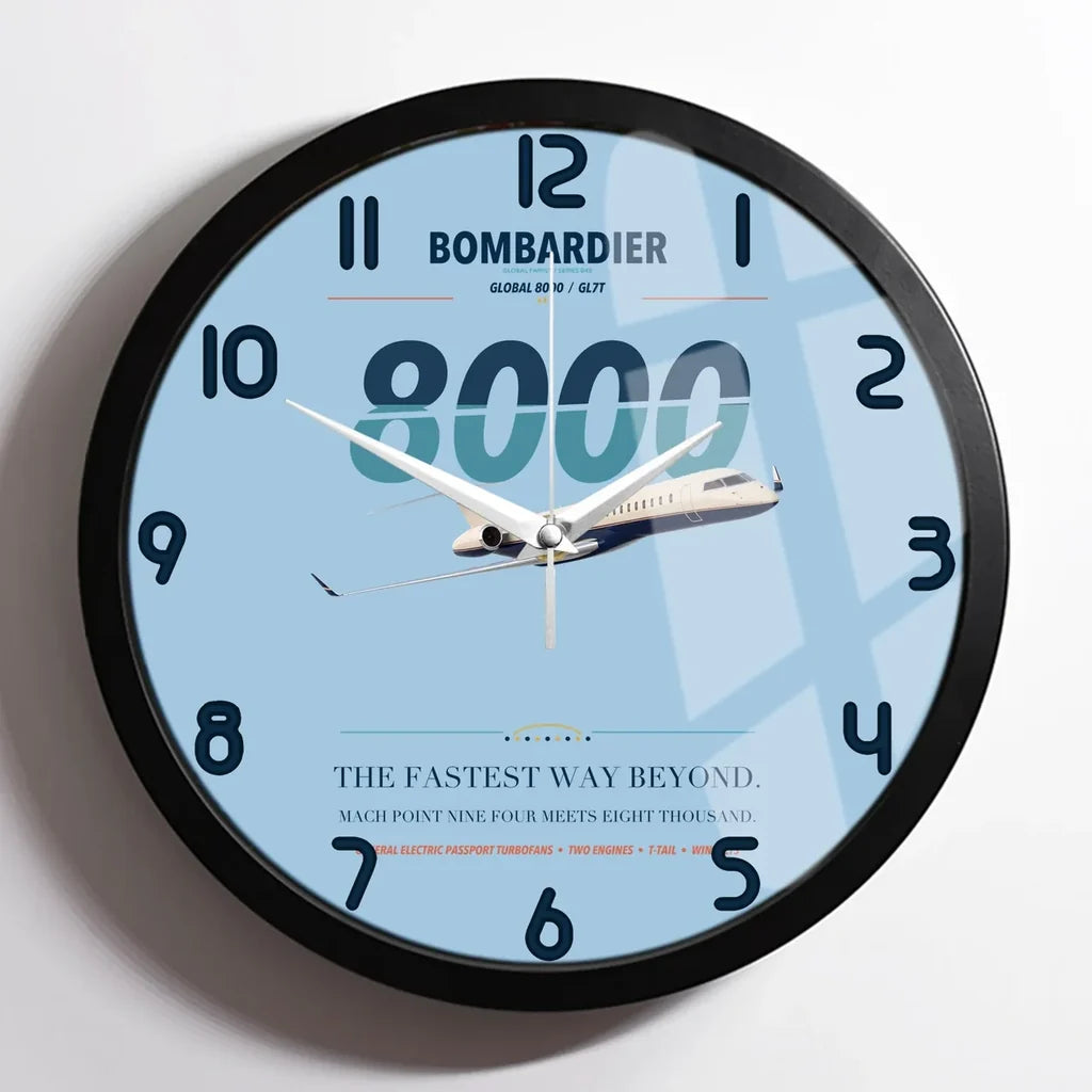 Bombardier Global 8000 design on light blue framed wall clock