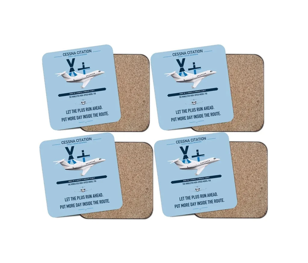 Cessna Citation X+ design on light blue 4 pieces set coaster