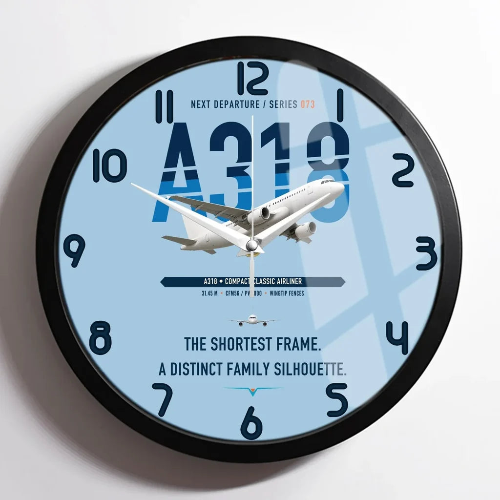 Airbus A318 design on light blue framed wall clock