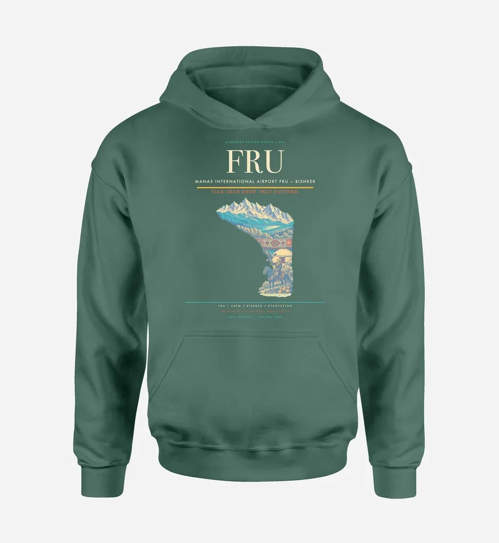 Manas International Airport (FRU) design on green hoodie single-side print