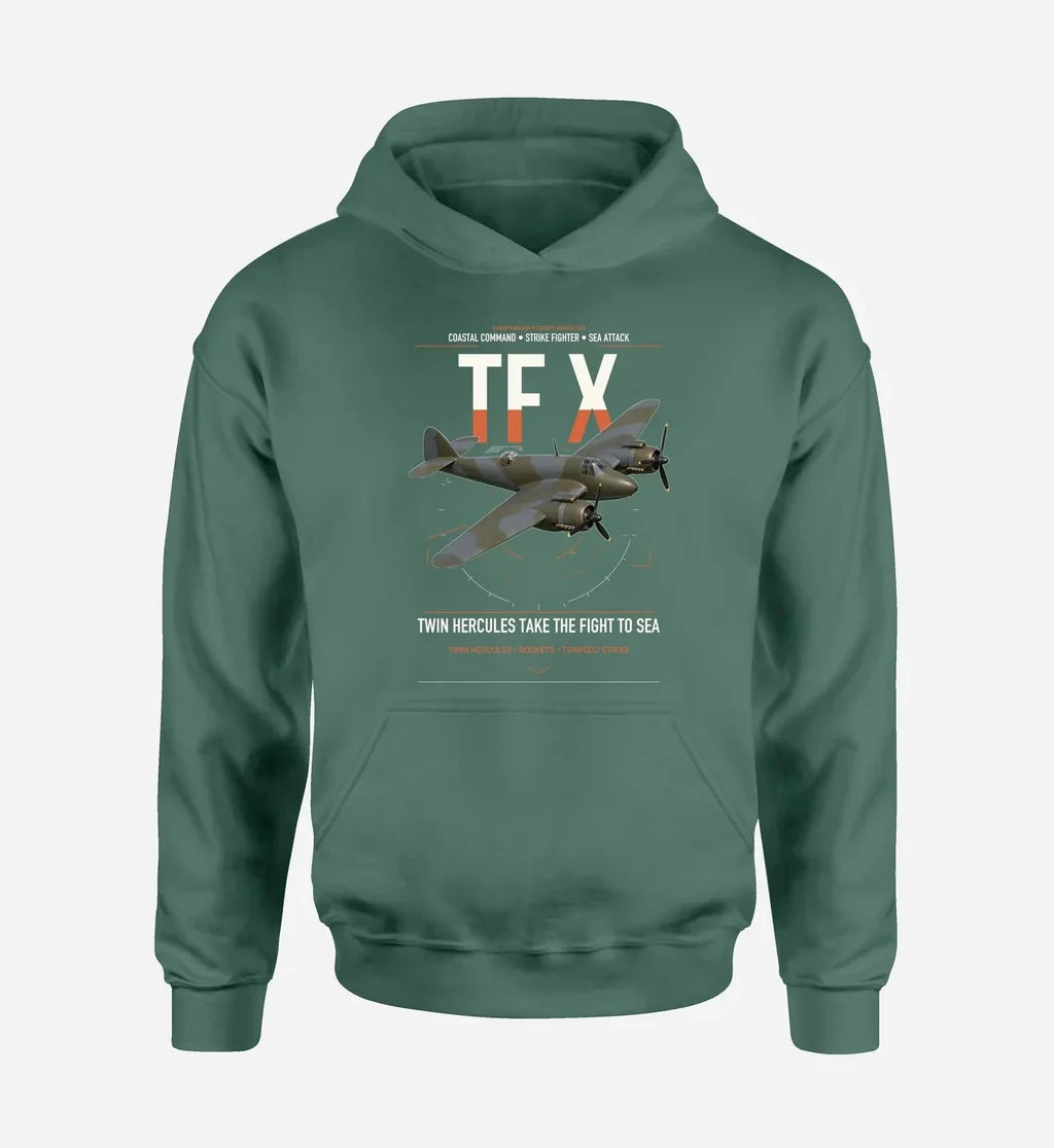 Bristol Beaufighter TF X design on green double-side hoodie, single-side print
