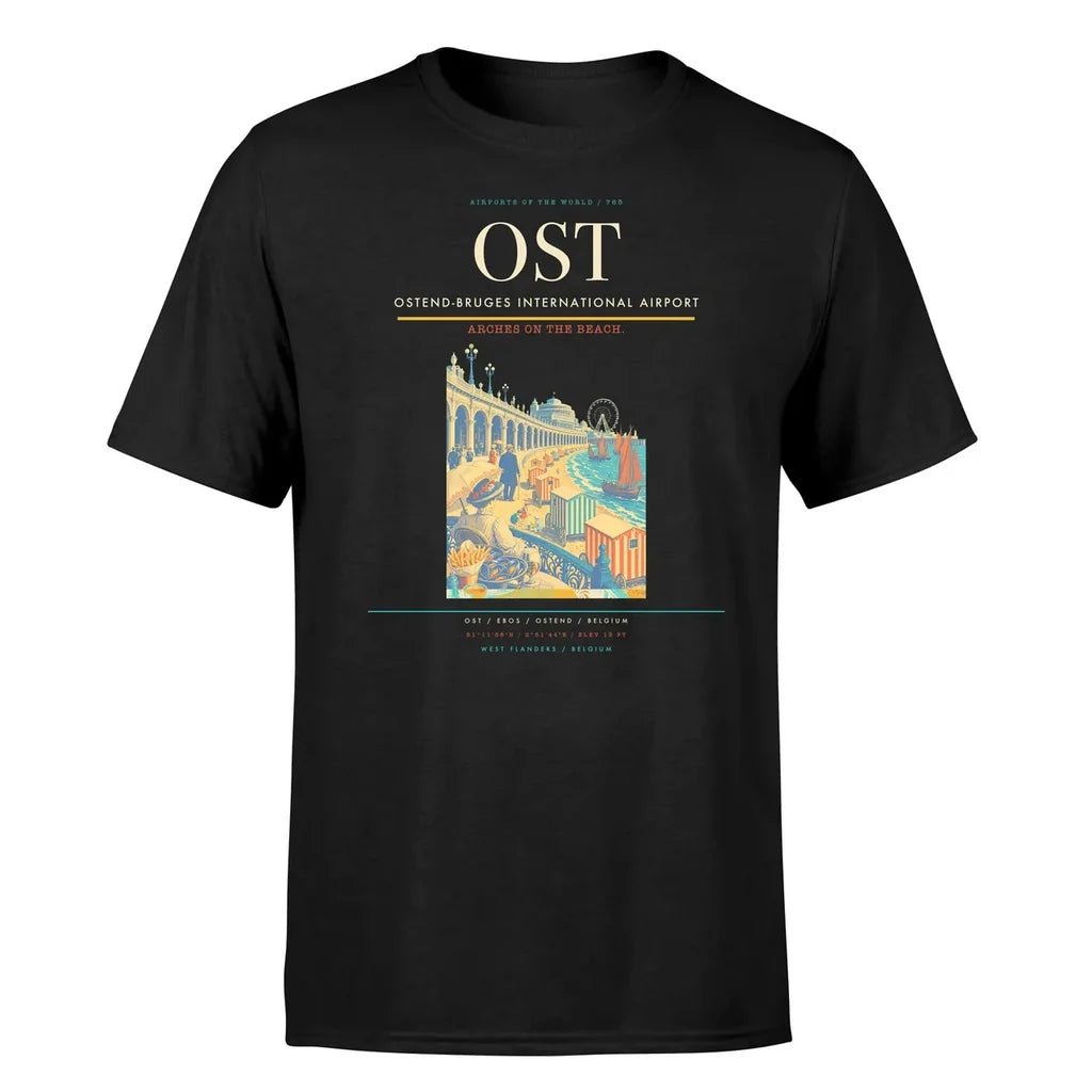 Ostend-Bruges International Airport (OST) T-Shirt single-side front print in Black | ostend-bruges-international-airport-ost-double-side-t-shirt