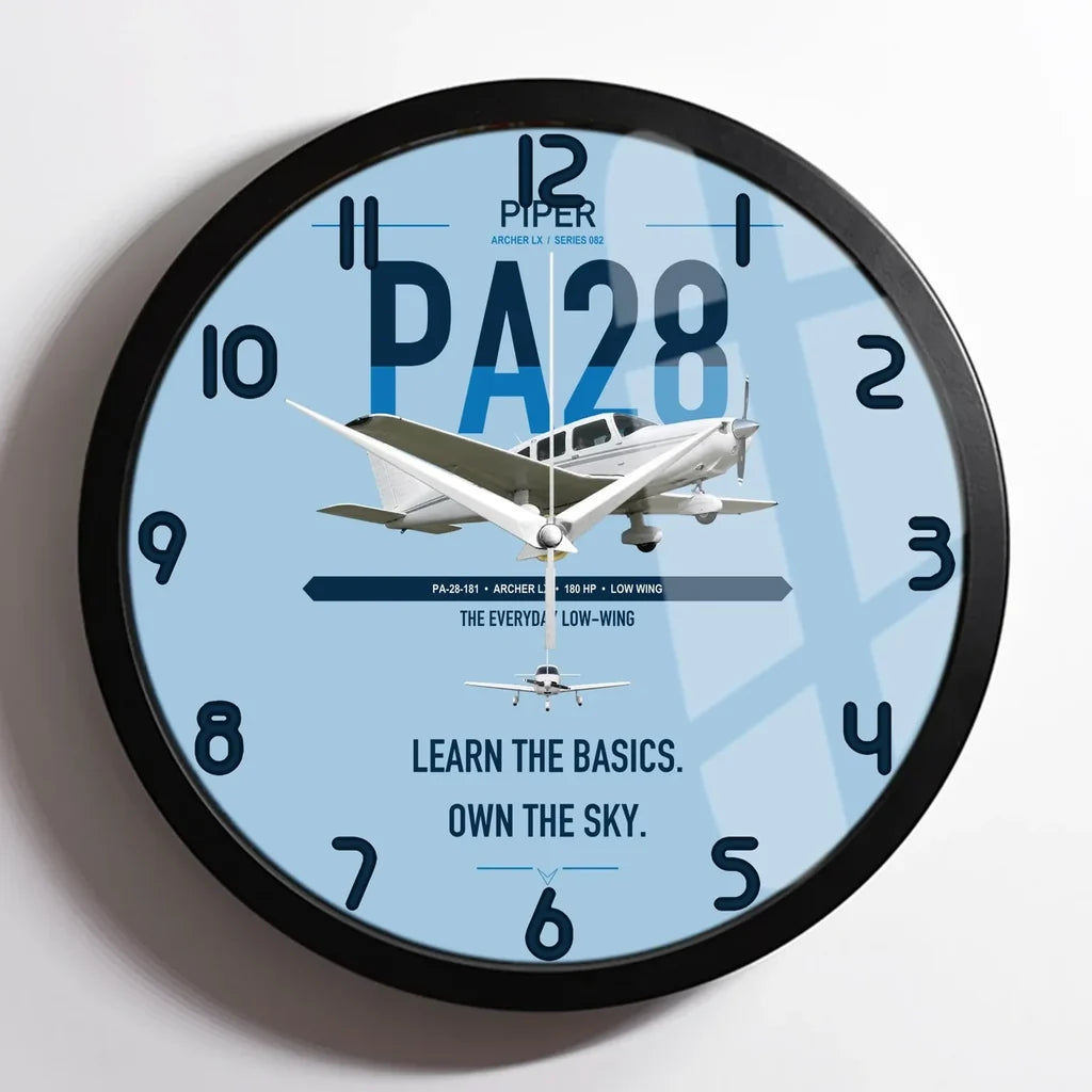 Piper PA-28-181 Archer LX design on light blue framed wall clock