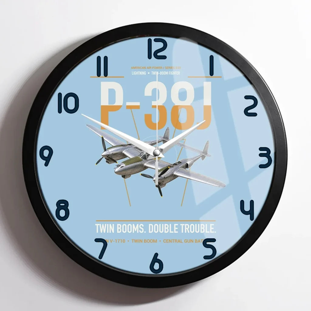 P-38J Lightning design on light blue framed wall clock
