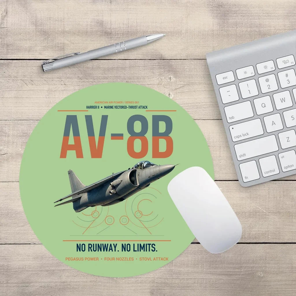AV-8B Harrier II design on light green round mouse pad