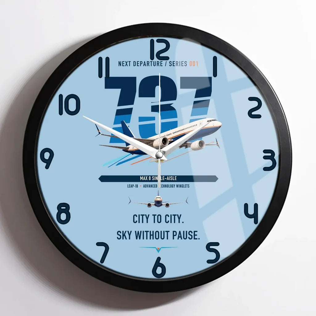 Boeing 737 MAX 8 design on light blue framed wall clock