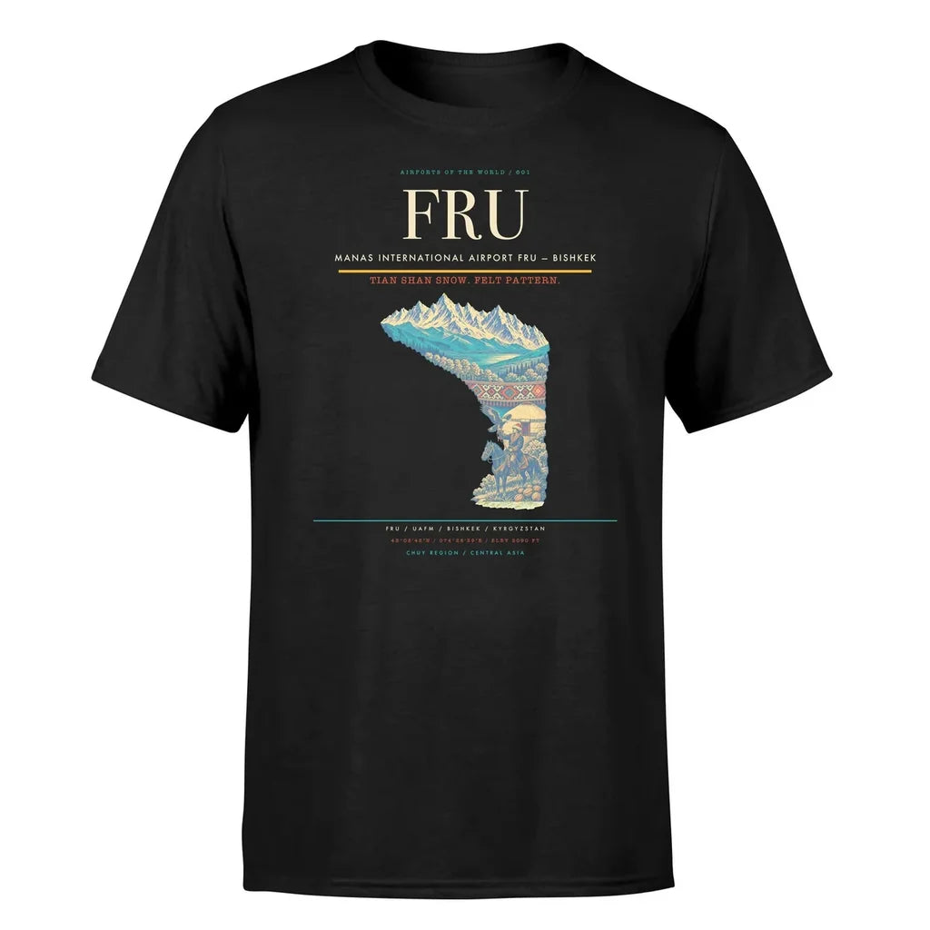 Manas International Airport (FRU) T-Shirt single-side front print in Black | manas-international-airport-fru-double-side-t-shirt
