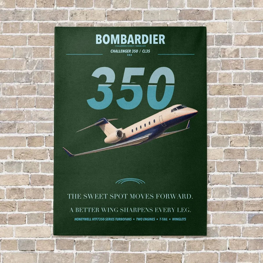 Bombardier Challenger 350 vertical canvas print - no frame - dark green background