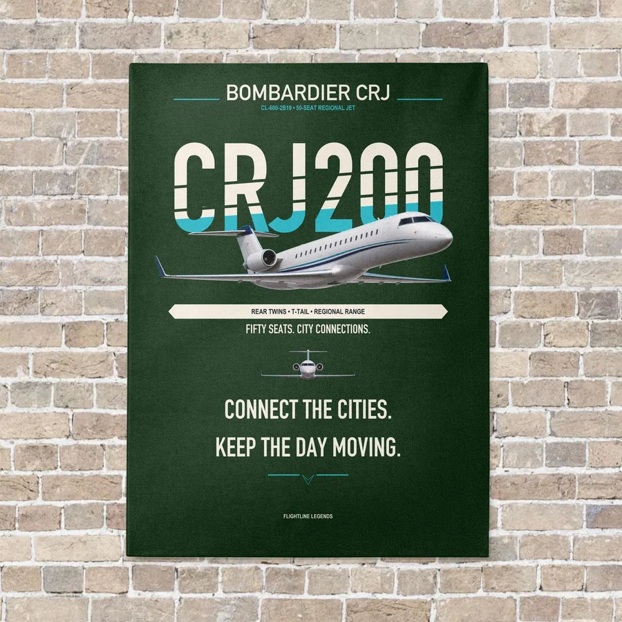 Bombardier CRJ200 vertical canvas print - no frame - dark green background