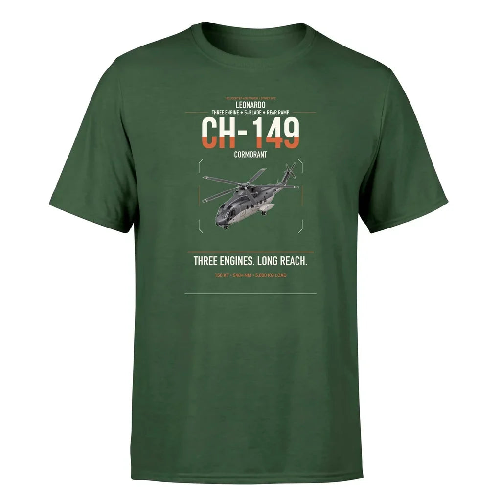 Leonardo CH-149 Cormorant design on dark green t-shirt, single-side print