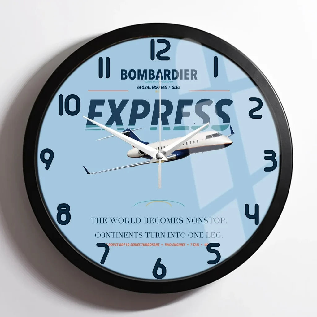 Bombardier Global Express design on light blue framed wall clock
