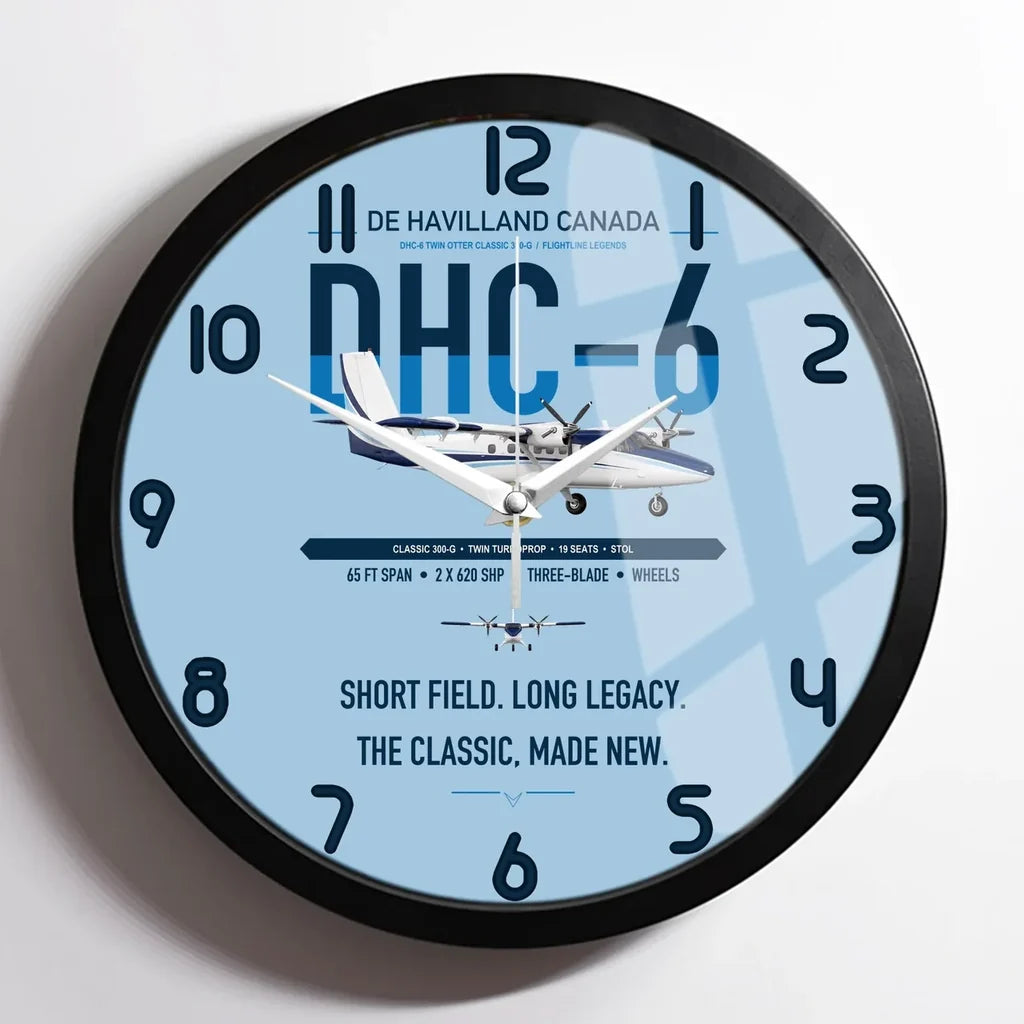 DHC-6 Twin Otter Classic 300-G design on light blue framed wall clock