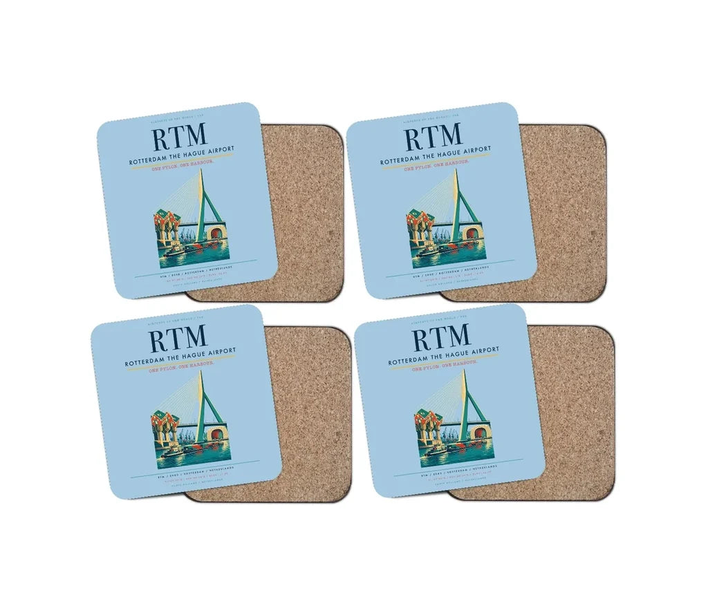 Rotterdam The Hague Airport (RTM) design on light blue 4 pieces set coaster