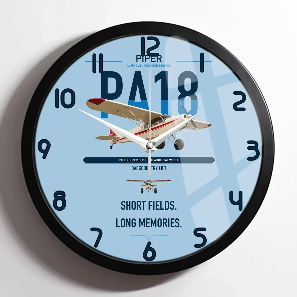 Piper PA-18 Super Cub design on light blue framed wall clock