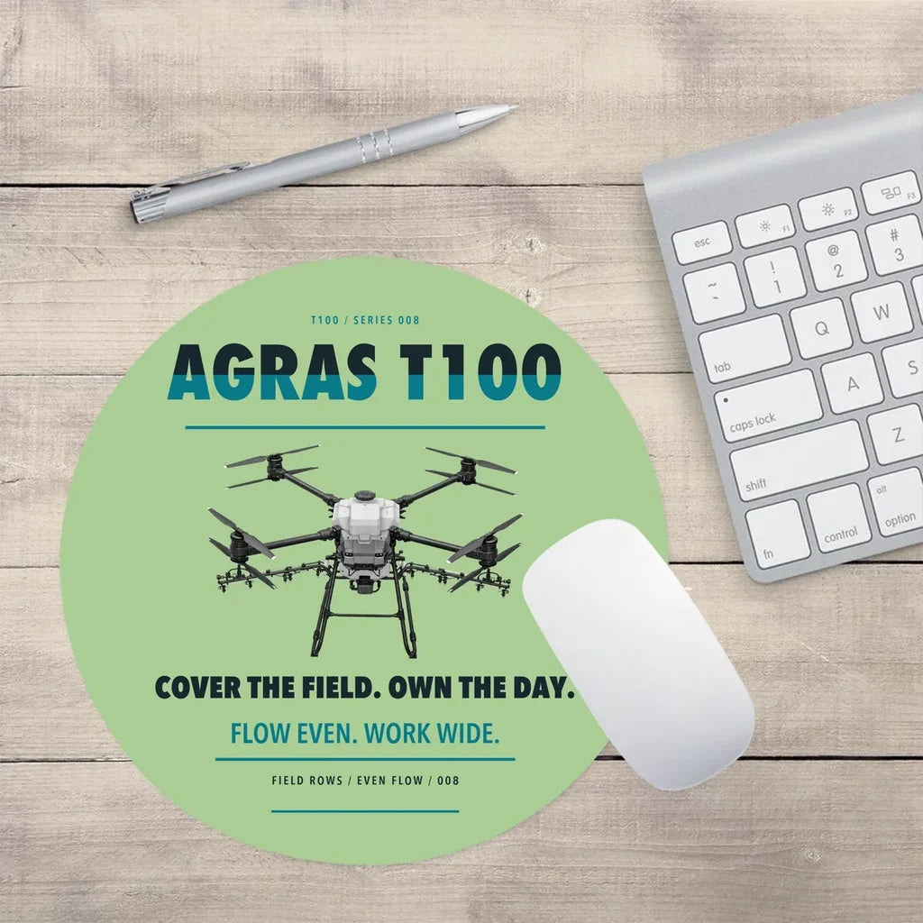 DJI Agras T100 design on light green round mouse pad