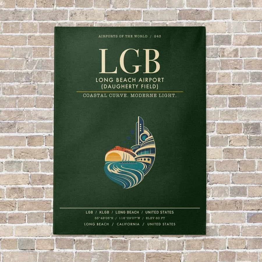 Long Beach Airport (Daugherty Field) LGB vertical canvas print - no frame - dark green background