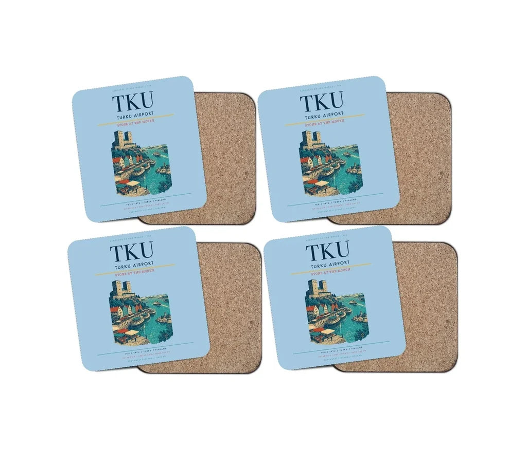 Turku Airport (TKU) design on light blue 4 pieces set coaster