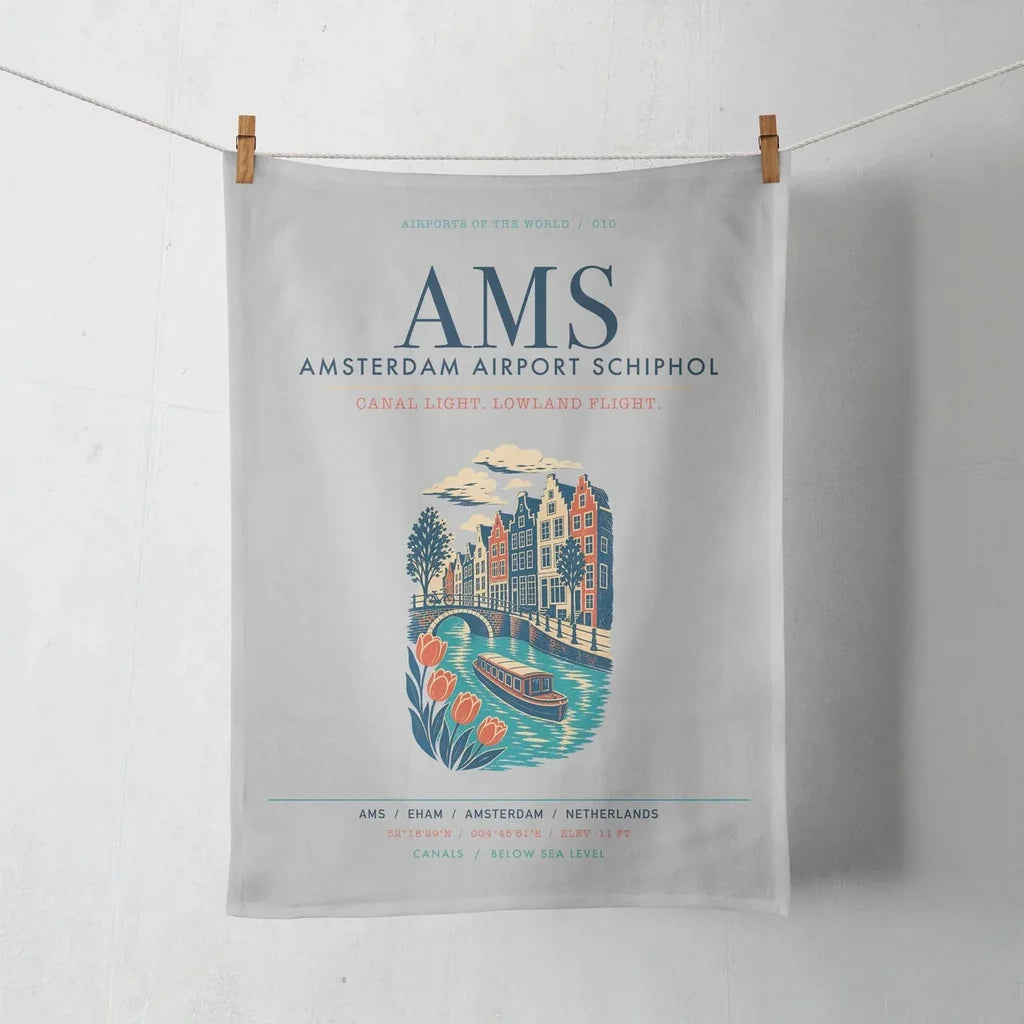 Amsterdam Airport Schiphol (AMS) design on light gray towel