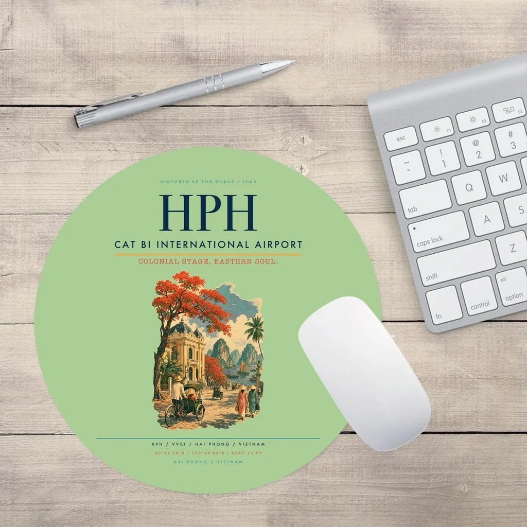 Cat Bi International Airport (HPH) design on light green round mouse pad