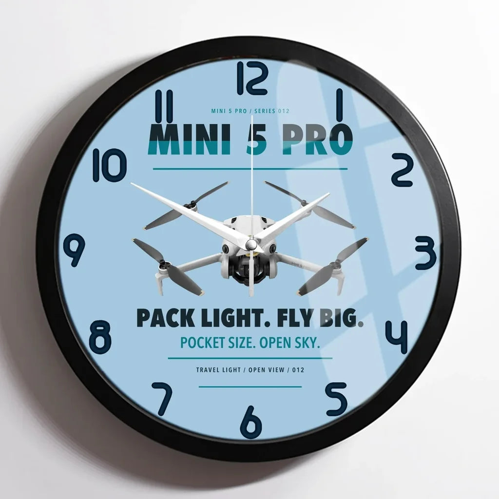 DJI Mini 5 Pro design on light blue framed wall clock