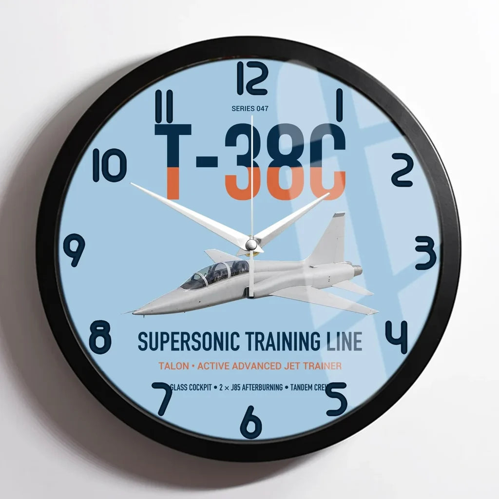 T-38C Talon design on light blue framed wall clock
