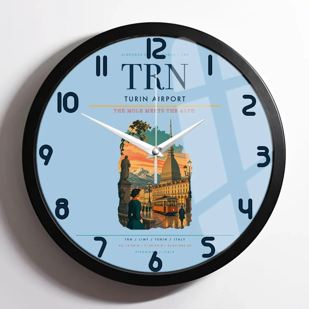 Turin Airport (TRN) design on light blue framed wall clock