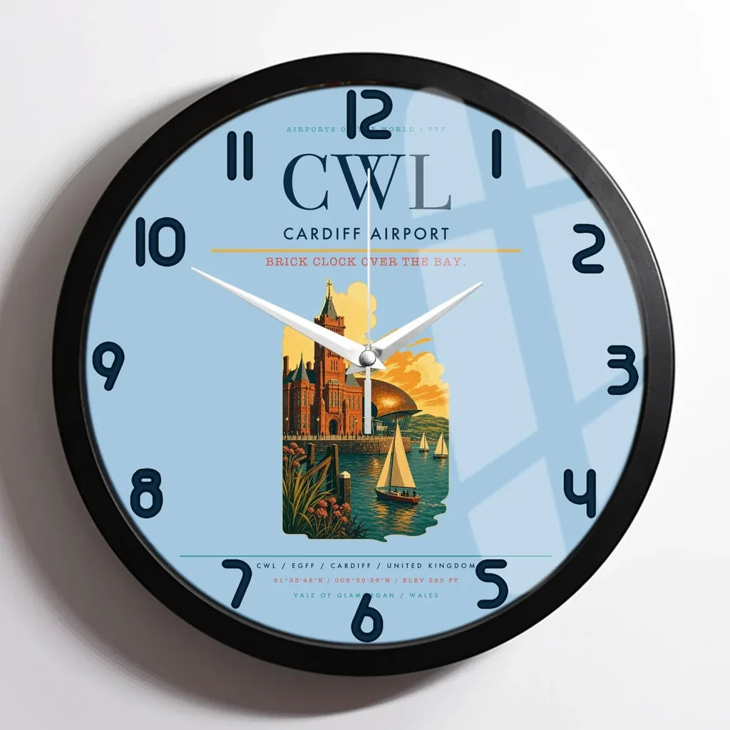 Cardiff Airport (CWL) design on light blue framed wall clock